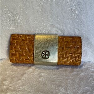Tory Burch Tan and gold Woven Clutch